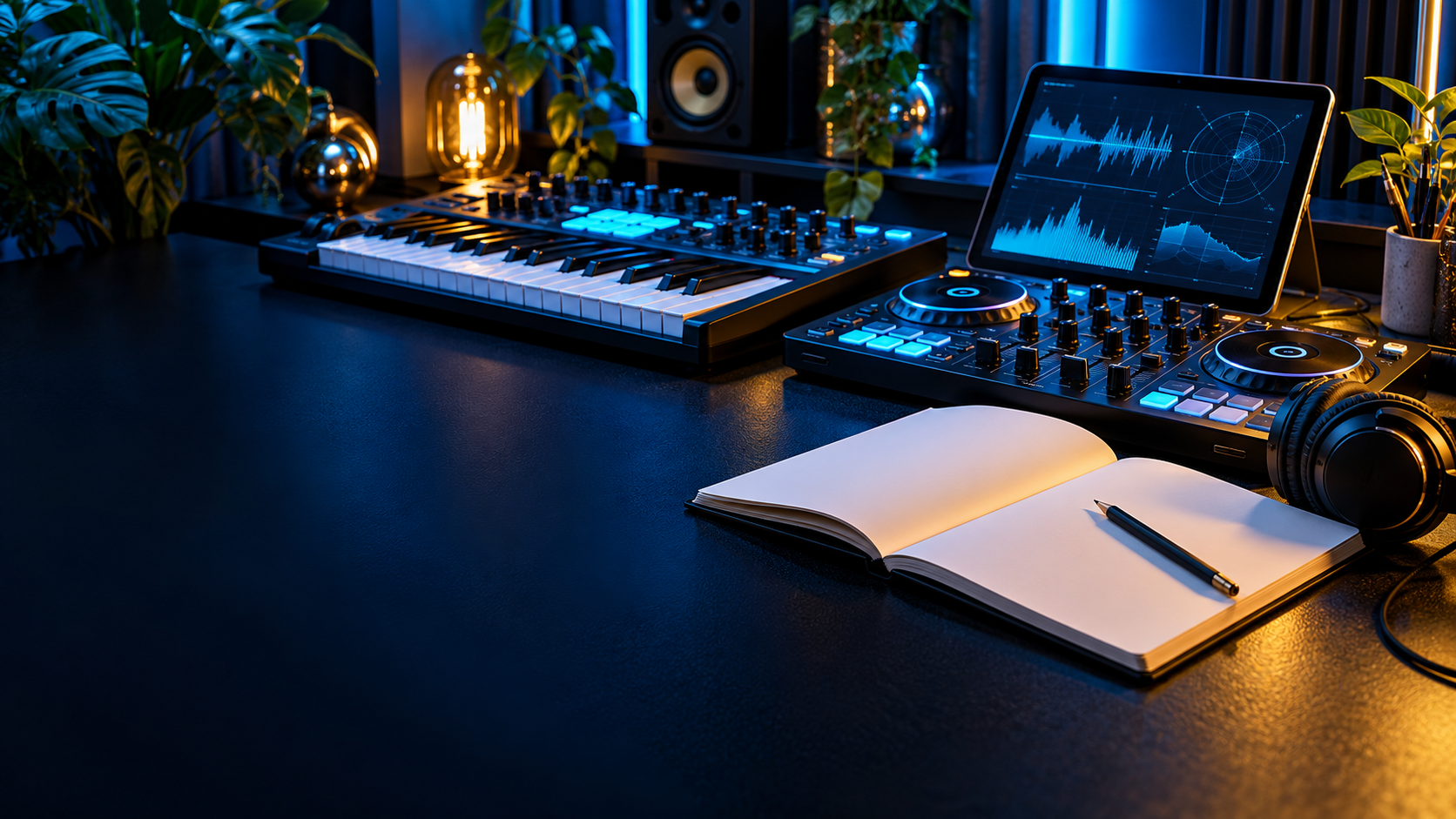 Music production workstation with headphones and keyboard