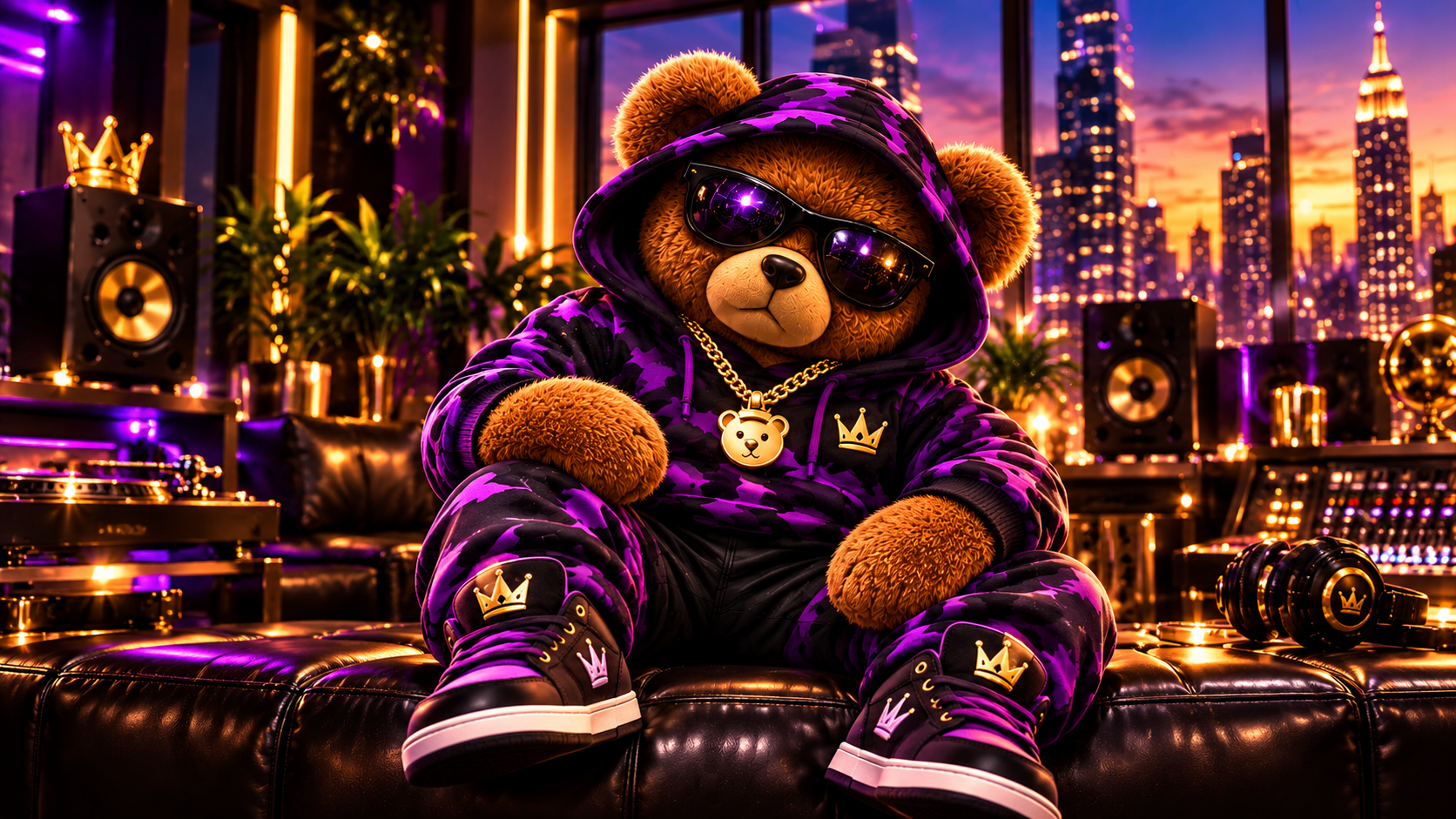 Beary Gammo mascot in a purple and gold studio