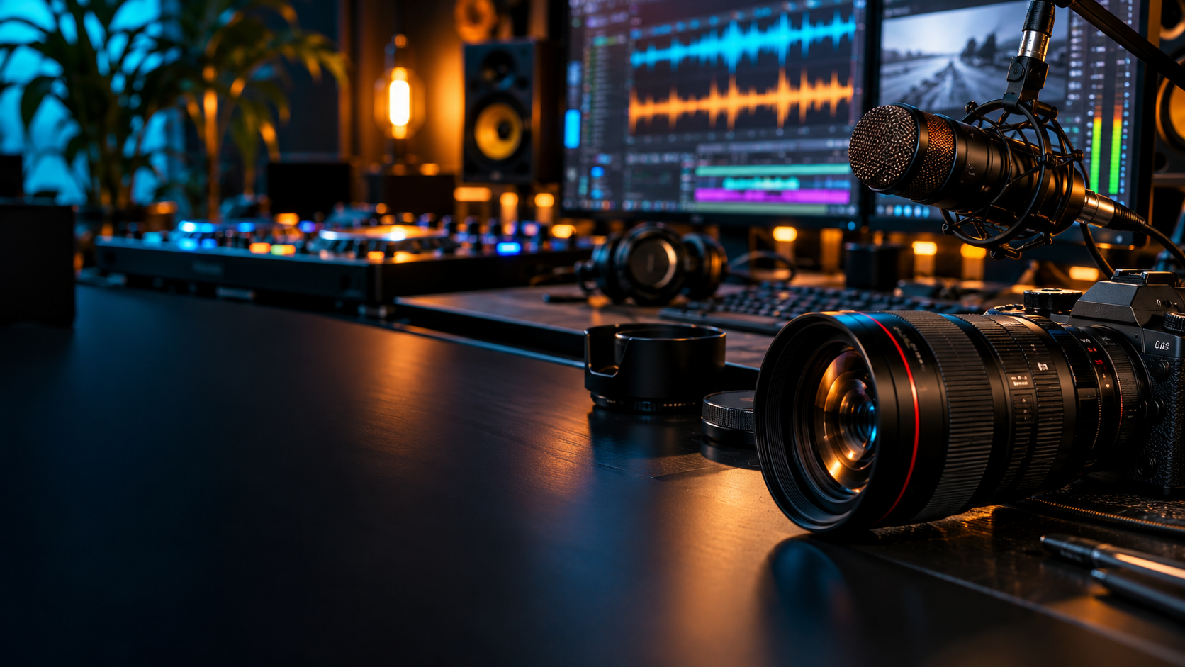 Camera lens, microphone, and audio workstation for client media projects