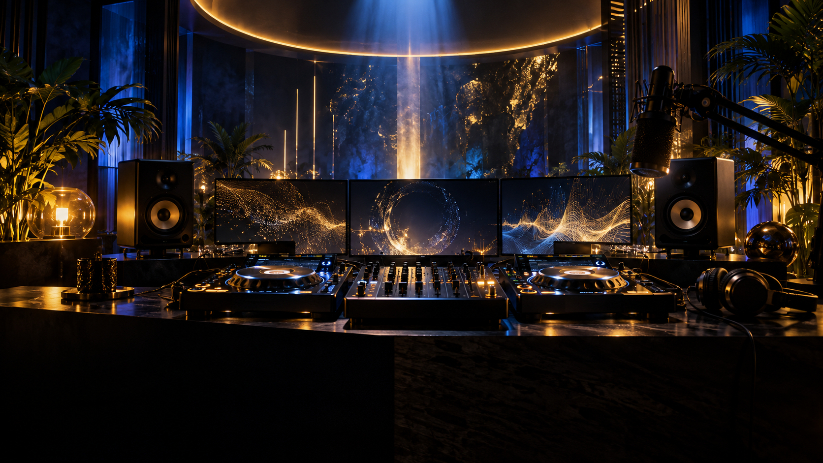 DJ livestream setup under blue and gold lights
