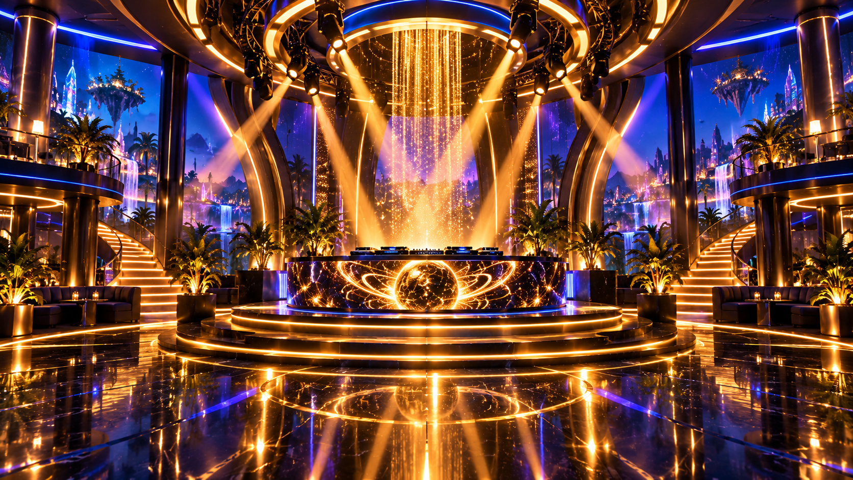 Khaotic Empire virtual nightclub concept in blue and golden light